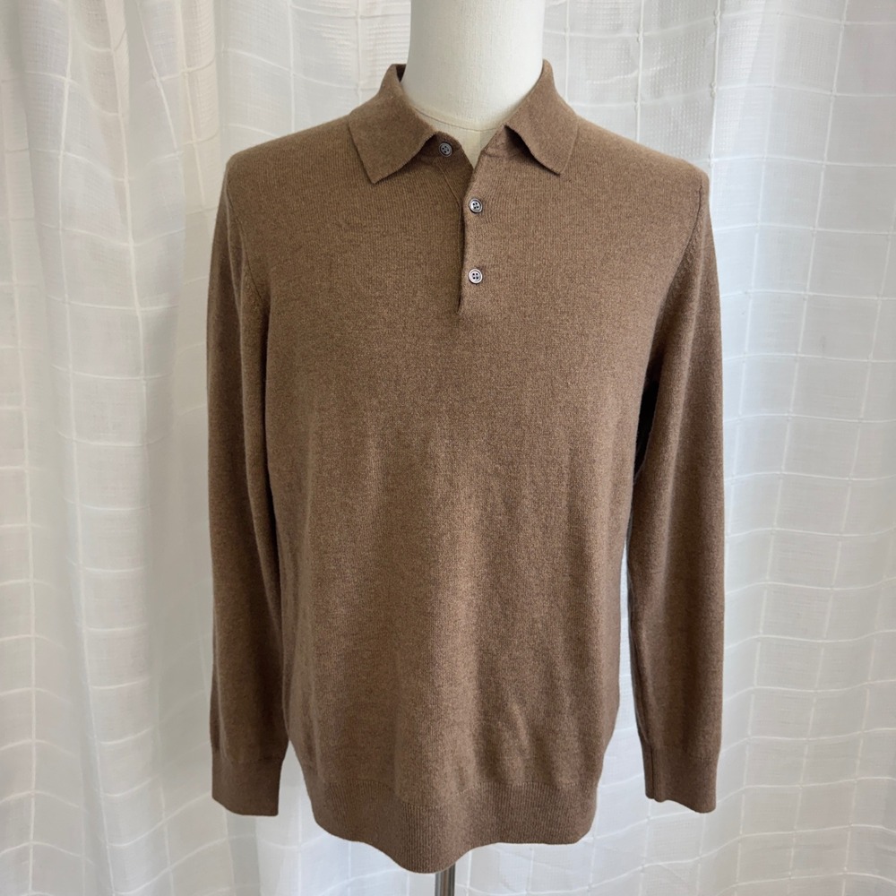 Quince Mens 100% Mongolian Cashmere Long Sleeve Polo Sweater Brown Sz M in Teak